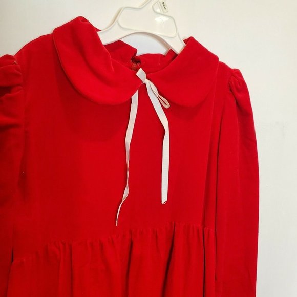 Vintage 70s Girls Sz Medium Christmas Velvet Maxi Dress Red Peter Pan Collar - Picture 6 of 11
